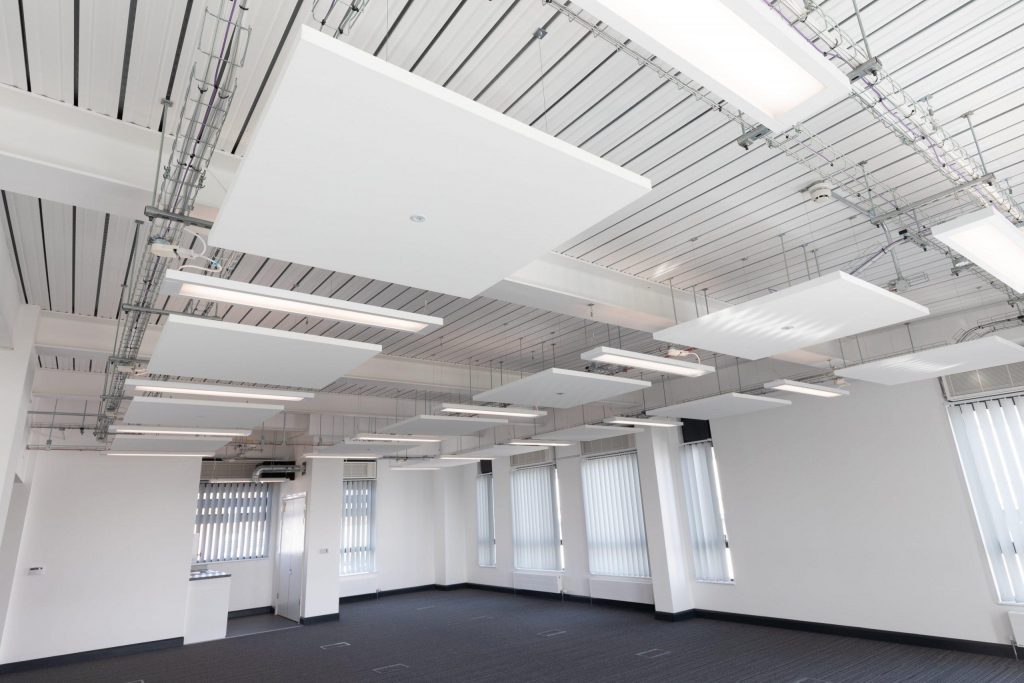 A wide shot of the interior of one of the empty classrooms/labs in the Grow Out Building