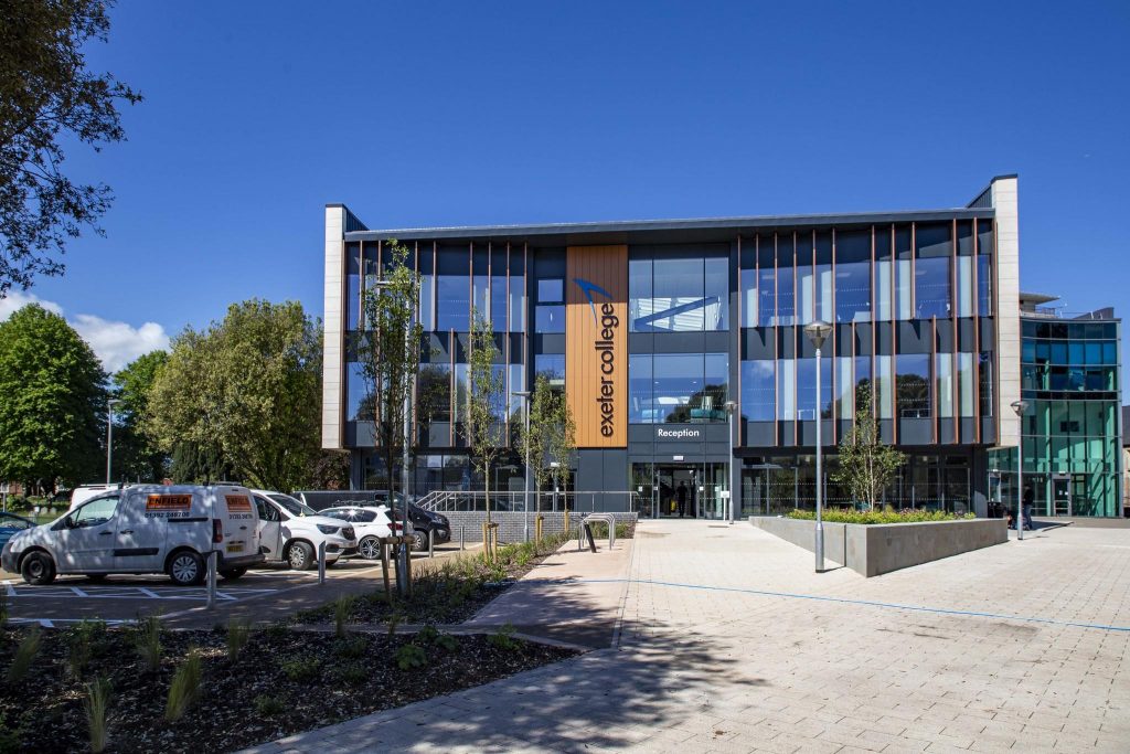 A wide shot of the entrance of the Exeter College